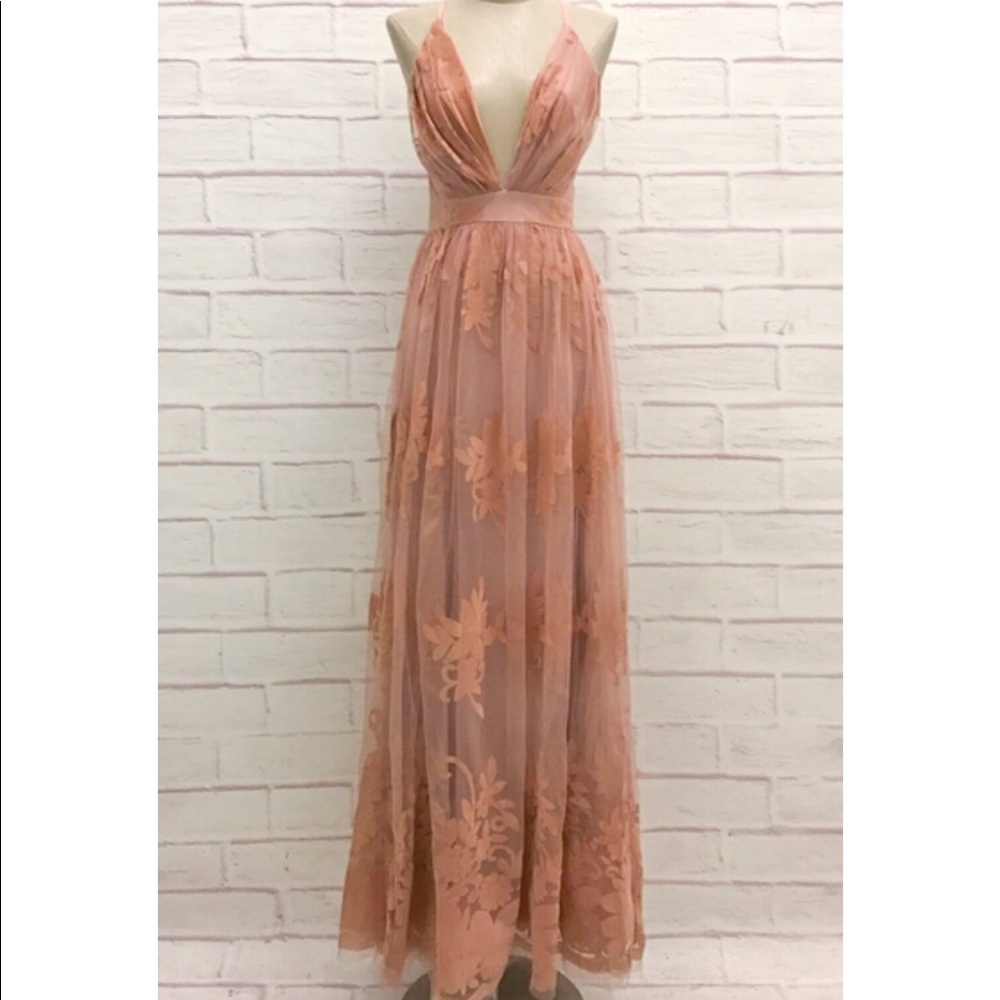 Blush floral flocked mesh maxi dress